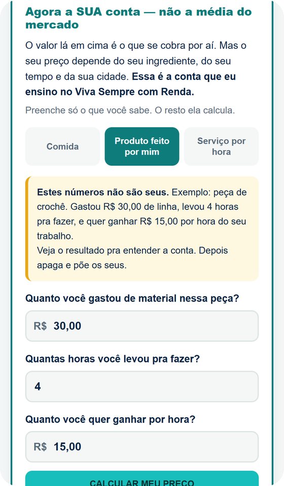 Calculadora do preço com o exemplo preenchido